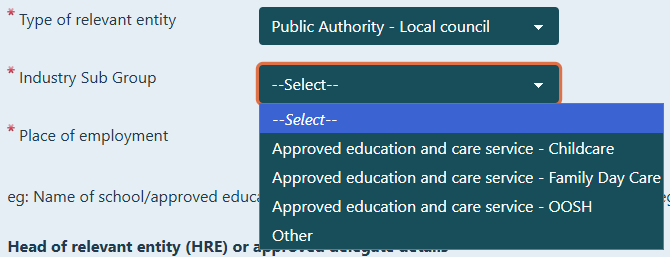 Industry sub group drop down menu