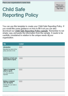 Child Safe Reporting Policy template